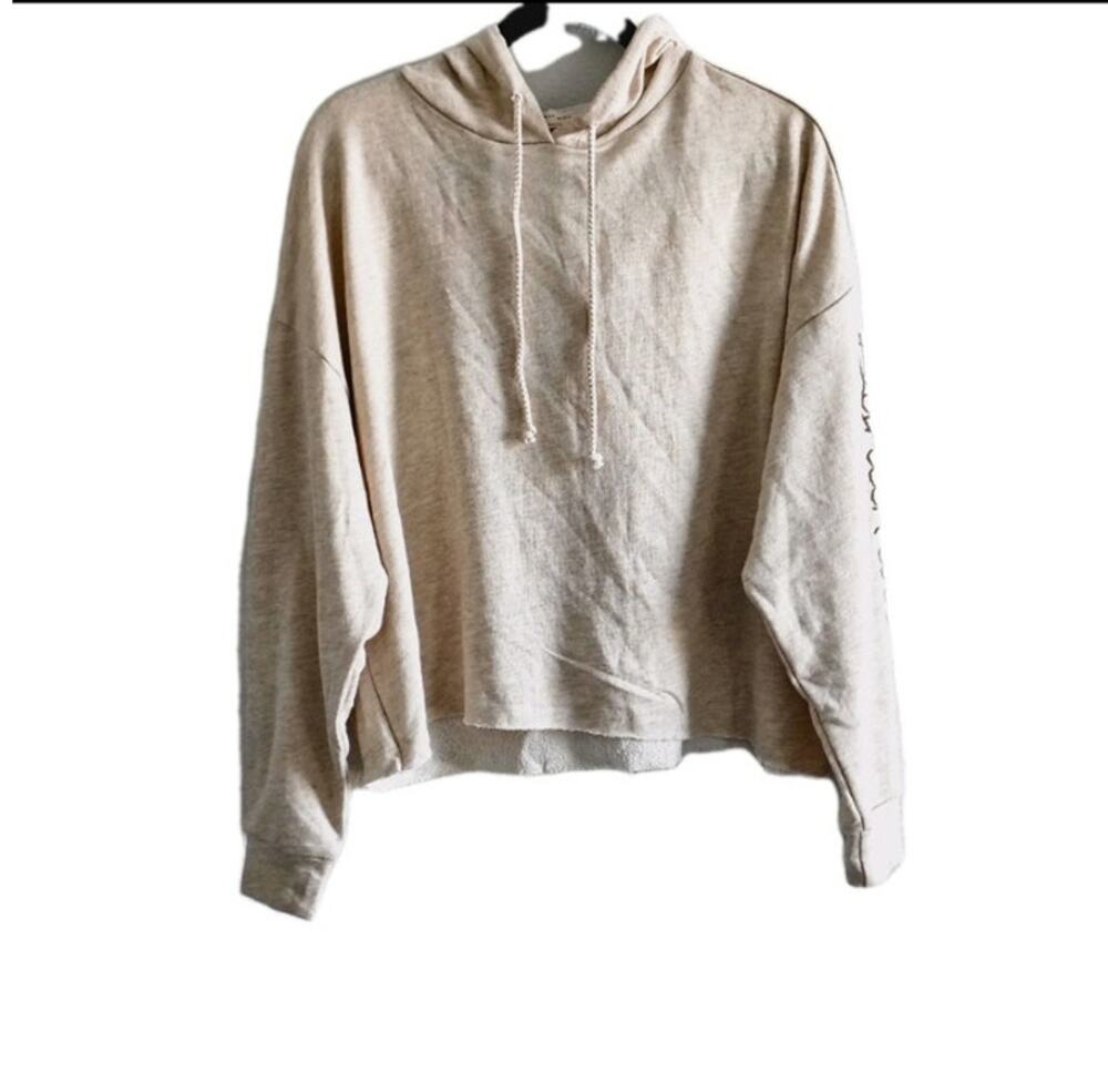 Free People Movement Medium Beige Crop Hoodie Sweatshirt Dynamite Embroidery NEW